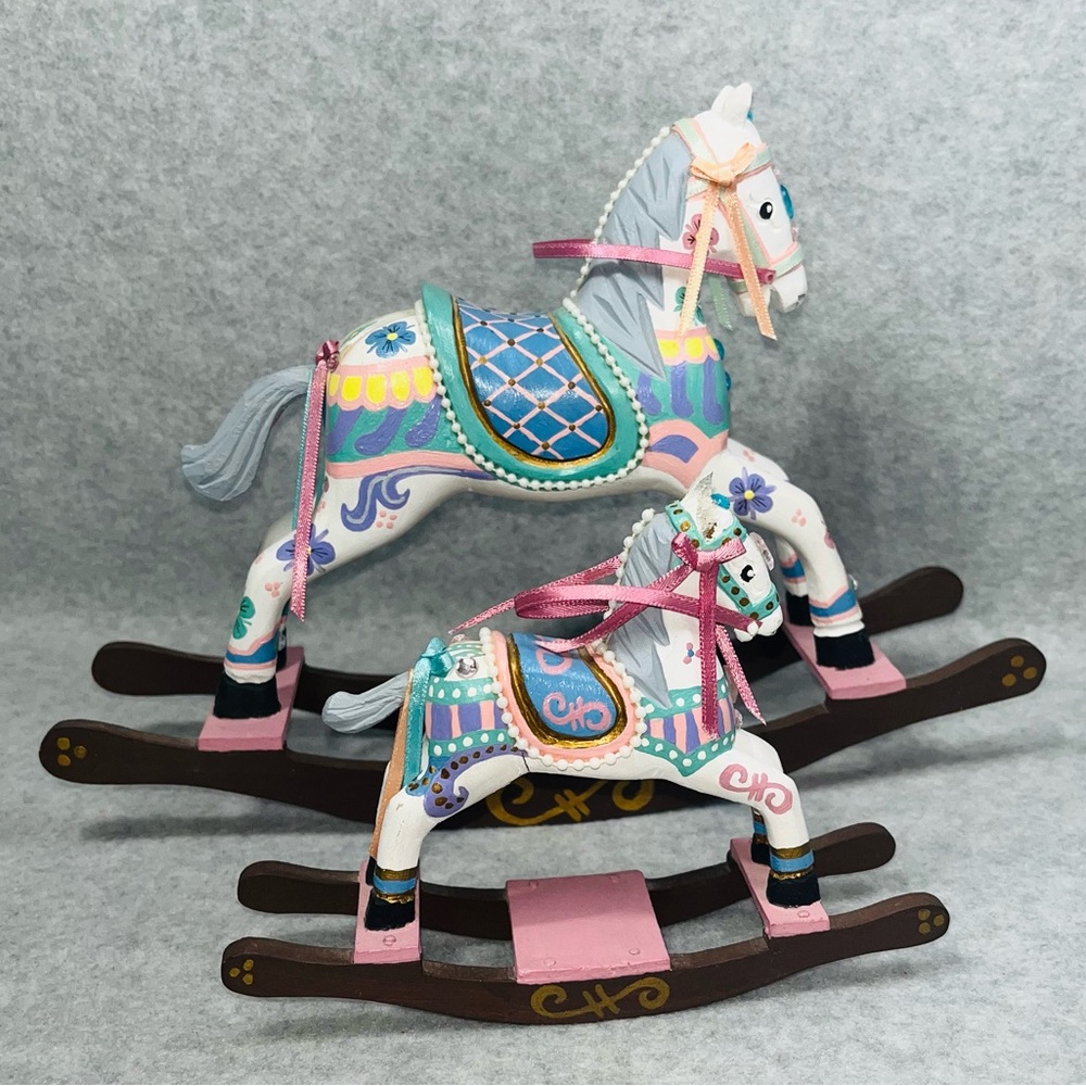 Rocking Horses Folk Art Hand Painted Wooden‎ Pony Nursery Pastel Pink Blue Decor